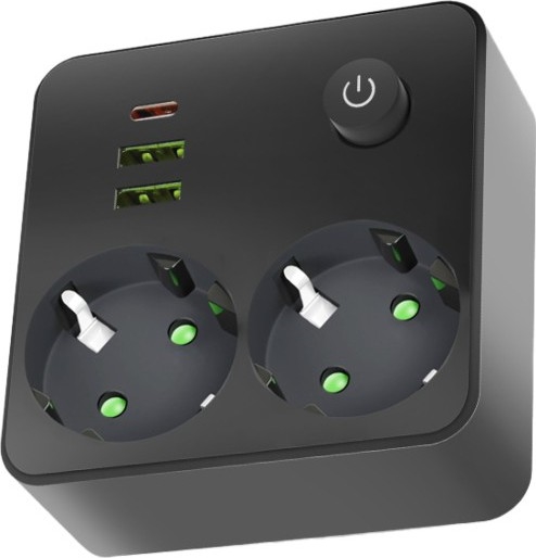 Grenuttag med strömbrytare LINEA 2 x 230 V + 3 x USB A/C SCHUKO svart