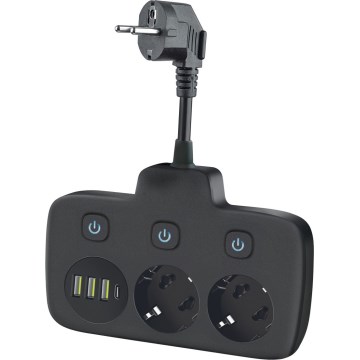 Grenuttag med strömbrytare LINEA 2x 230 V + 4x USB A/C SCHUKO svart