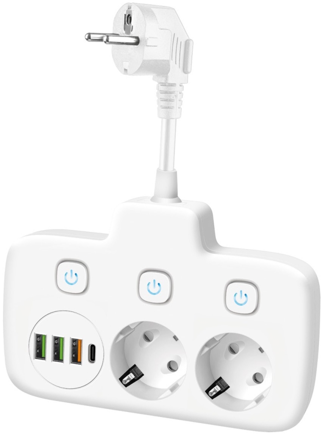Grenuttag med strömbrytare LINEA, 2x230 V + 4x USB-A/USB-C, SCHUKO, vit