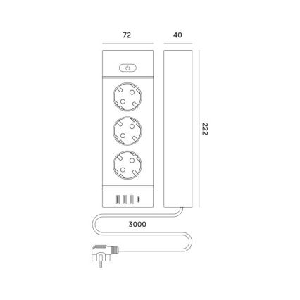 Grenuttag med strömbrytare LINEA PRO 3x230V + 3xUSB-A + 1xUSB-C SCHUKO 3 m svart