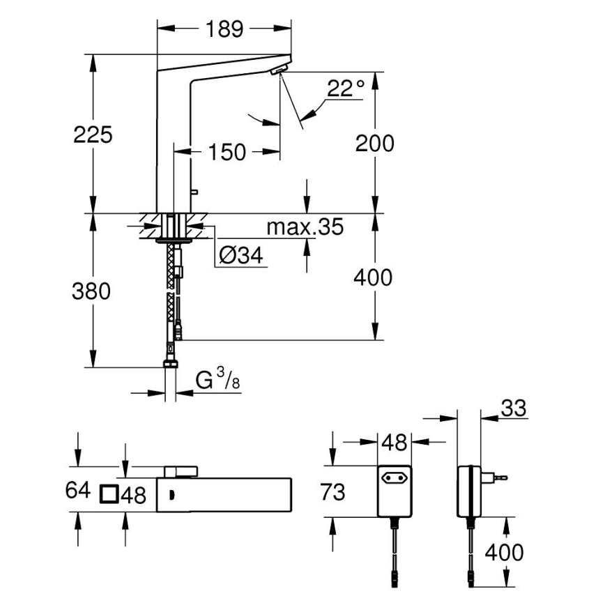 GROHE 36440000 - IR-aktiverad elektronisk tvättställsblandare EUROCUBE E DN 15, krom