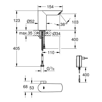 GROHE 36453000 - Infraröd elektronisk tvättställsblandare BAU COSMOPOLITAN E 123 mm krom