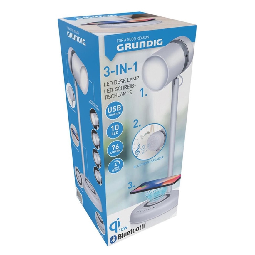 Grundig - LED bordslampa med trådlös laddning och inbyggd högtalare 3 i 1 LED/15W/5V