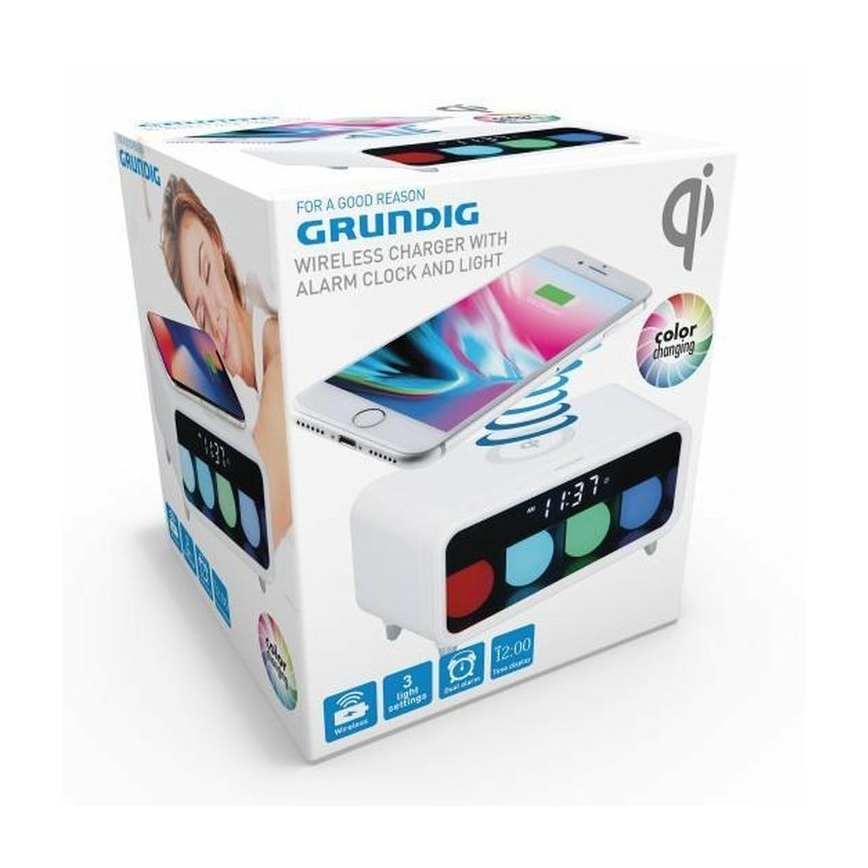 Grundig - LED Dimbar nattlampa med an väckarklocka och trådlös laddning LED/5W/230V