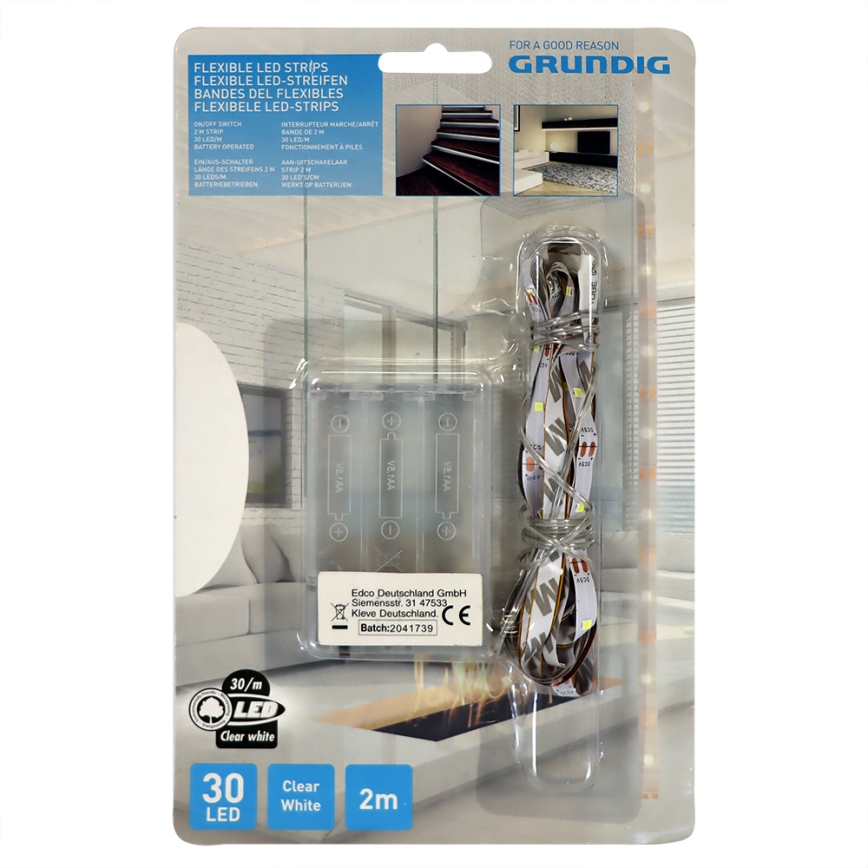 Grundig - LED list 2m LED/3xAA dagsljus vit