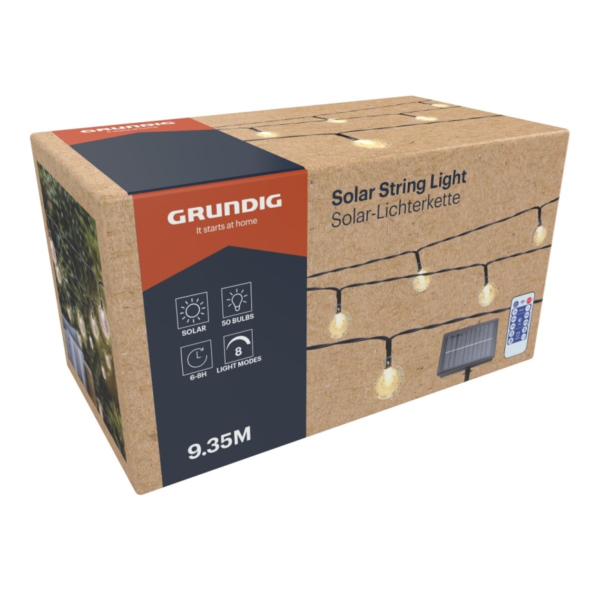 Grundig - LED Ljusreglerad solcell kedja 50xLED/8 funktioner 9,35m IP44 varm vit + fjärrkontroll