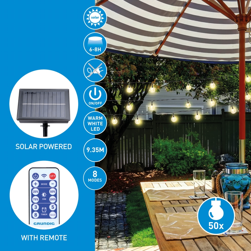 Grundig - LED Ljusreglerad solcell kedja 50xLED/8 funktioner 9,35m varm vit + fjärrkontroll