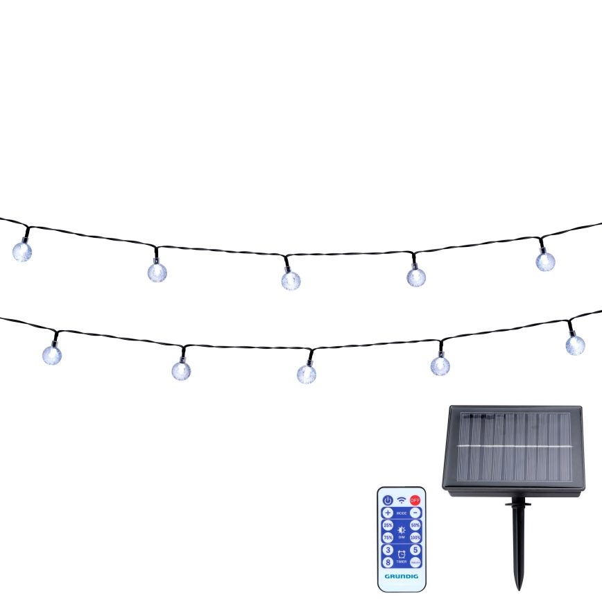 Grundig - LED Ljusreglerad solcell kedja 50xLED/8 funktioner 9,35m varm vit + fjärrkontroll