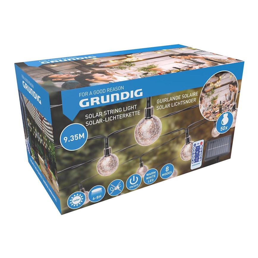 Grundig - LED Ljusreglerad solcell kedja 50xLED/8 funktioner 9,35m varm vit + fjärrkontroll