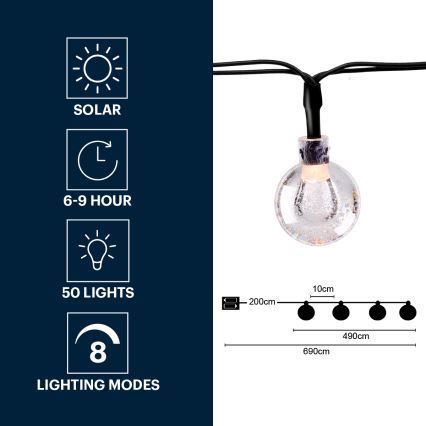 Grundig - LED solcellsljusslinga 50xLED/8 funktioner 6,9m varm vit