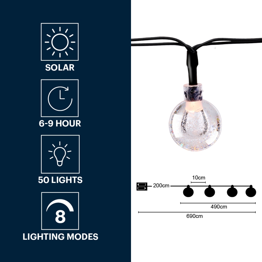 Grundig - LED solcellsljusslinga 50xLED/8 funktioner 6,9m varm vit
