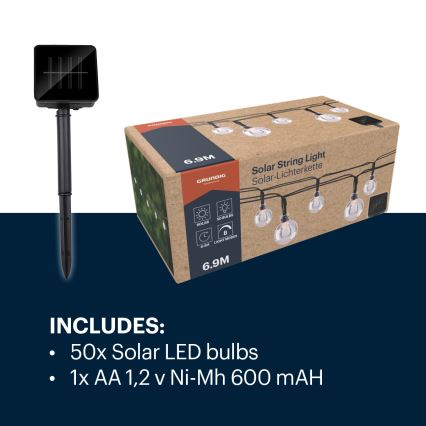 Grundig - LED solcellsljusslinga 50xLED/8 funktioner 6,9m varm vit