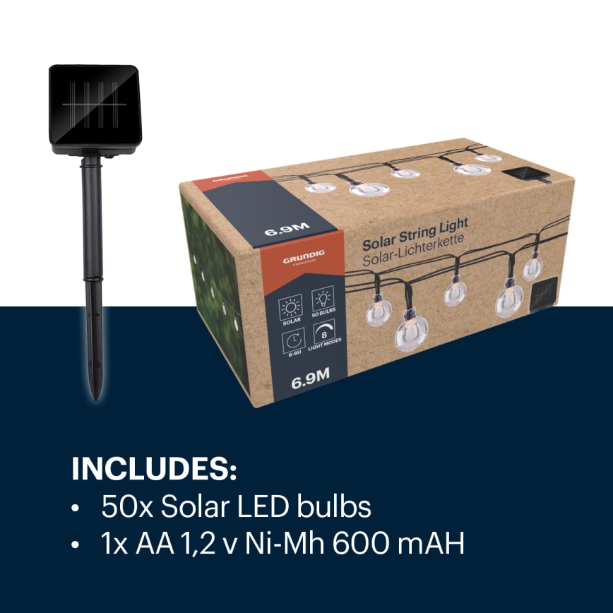 Grundig - LED solcellsljusslinga 50xLED/8 funktioner 6,9m varm vit