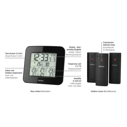 Hama - Väderstation med LCD display och väckarklocka 3xAAA + 3x sensor 2xAA