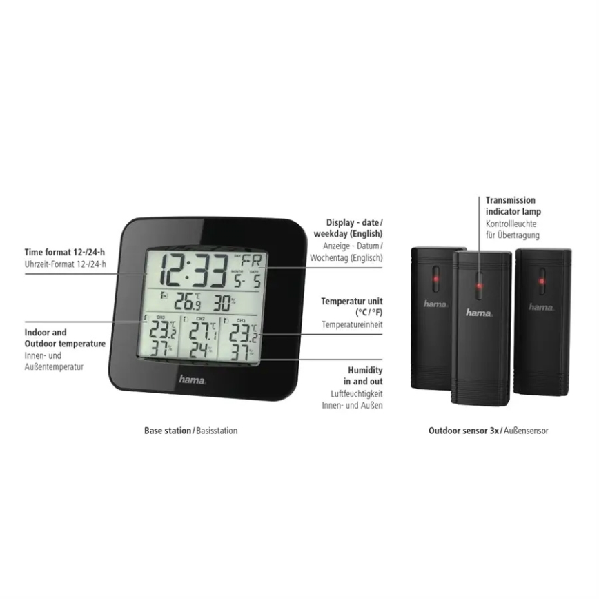 Hama - Väderstation med LCD display och väckarklocka 3xAAA + 3x sensor 2xAA