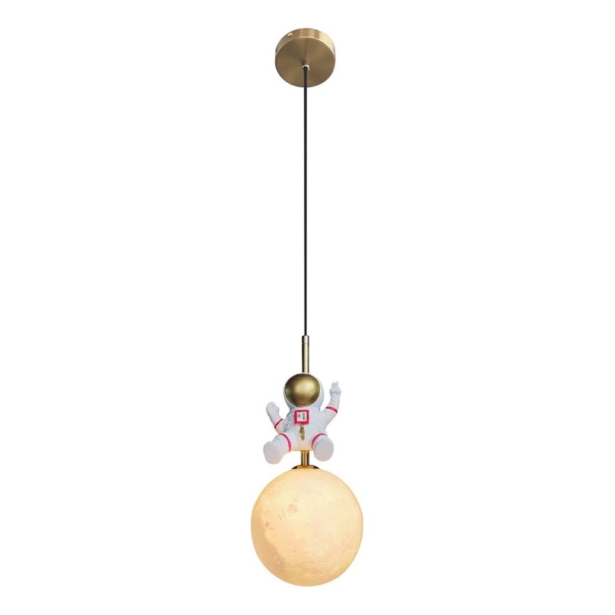 Hängande ljuskrona med textilsladd för barn ASTRONAUT 1xE27/60W/230V diameter 15 cm guld/beige