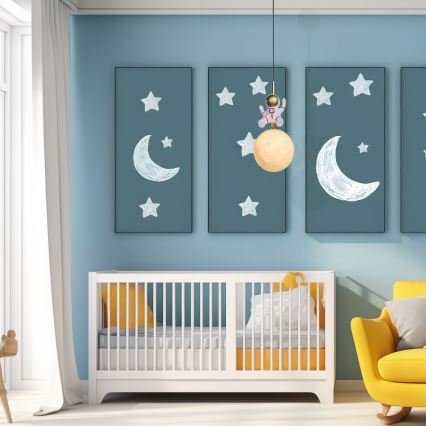 Hängande ljuskrona med textilsladd för barn ASTRONAUT 1xE27/60W/230V diameter 15 cm guld/beige