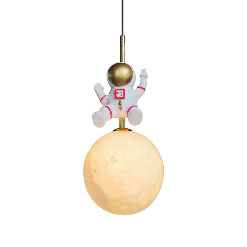Hängande ljuskrona med textilsladd för barn ASTRONAUT 1xE27/60W/230V diameter 15 cm guld/beige