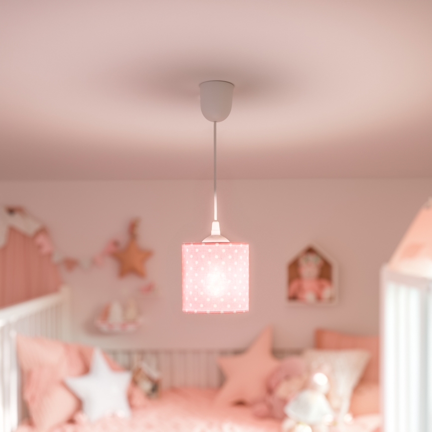 Hängande ljuskrona med textilsladd för barn DOTS 1xE27/15W/230V diameter 15 cm rosa
