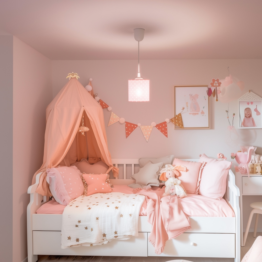 Hängande ljuskrona med textilsladd för barn DOTS 1xE27/15W/230V diameter 15 cm rosa
