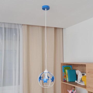 Hängande ljuskrona med textilsladd för barn STARS 1xE27/15W/230V blå/vit