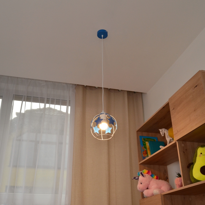 Hängande ljuskrona med textilsladd för barn STARS 1xE27/15W/230V blå/vit