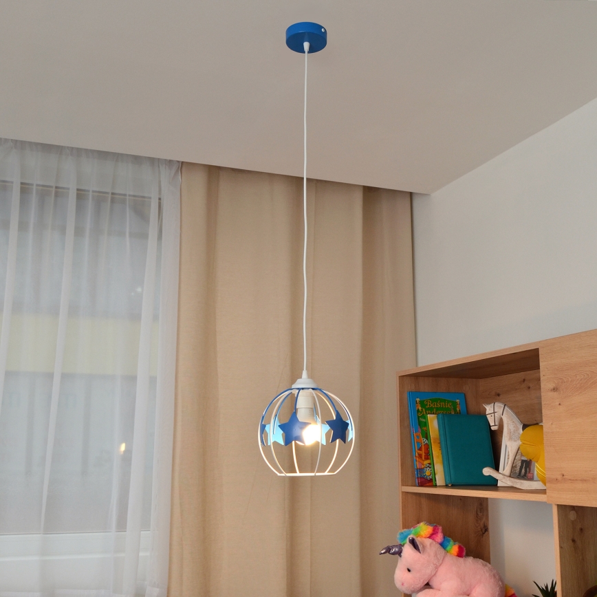 Hängande ljuskrona med textilsladd för barn STARS 1xE27/15W/230V blå/vit