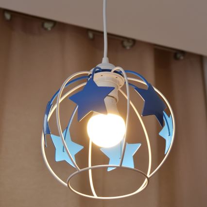 Hängande ljuskrona med textilsladd för barn STARS 1xE27/15W/230V blå/vit