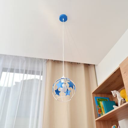 Hängande ljuskrona med textilsladd för barn STARS 1xE27/15W/230V blå/vit