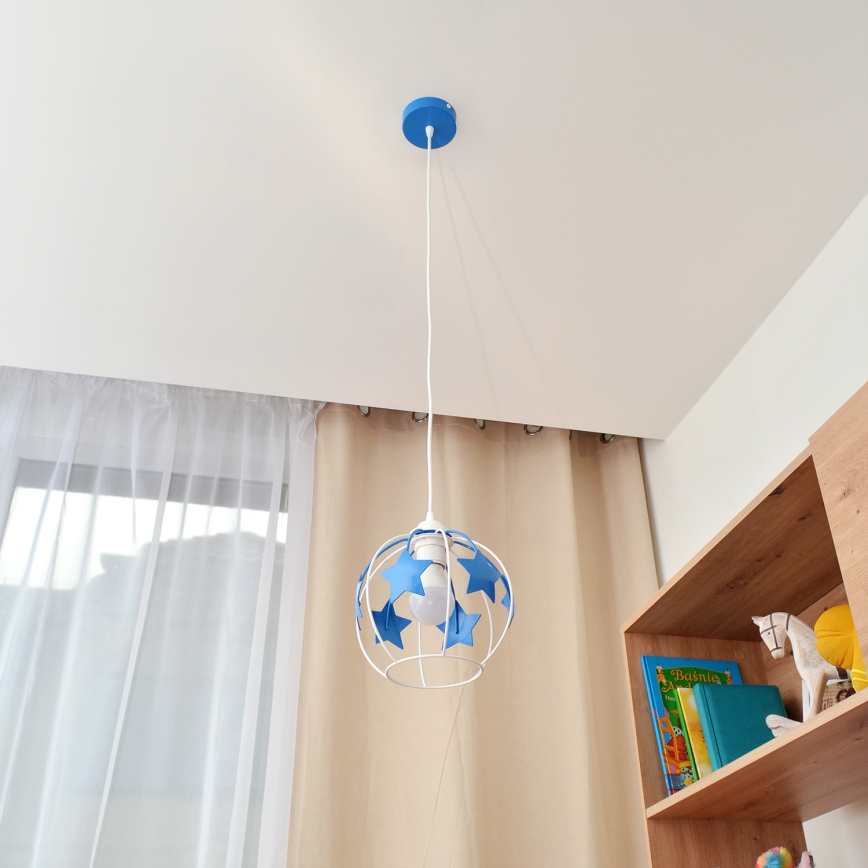 Hängande ljuskrona med textilsladd för barn STARS 1xE27/15W/230V blå/vit
