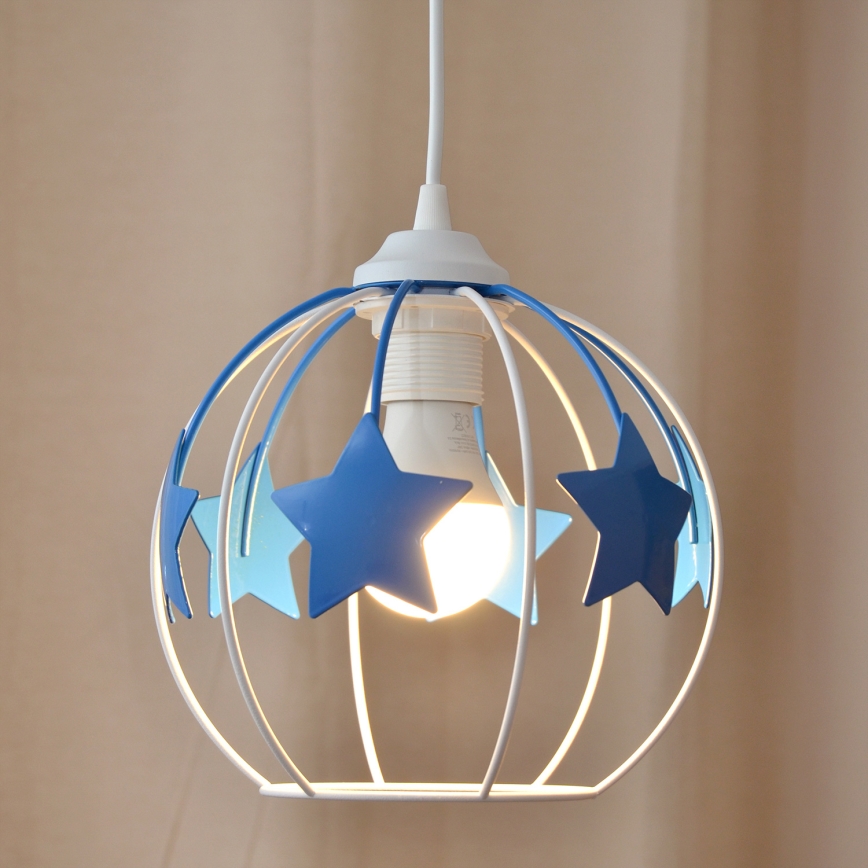 Hängande ljuskrona med textilsladd för barn STARS 1xE27/15W/230V blå/vit