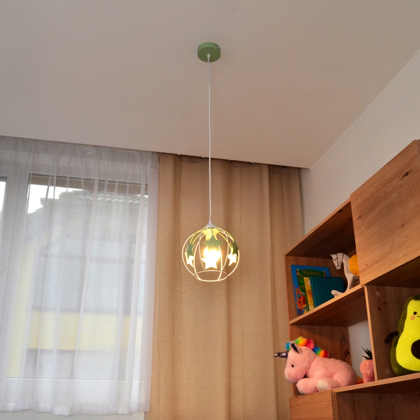 Hängande ljuskrona med textilsladd för barn STARS 1xE27/15W/230V grön/vit