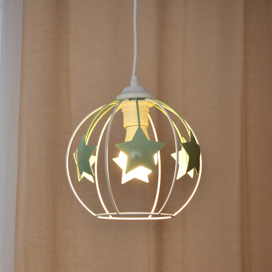 Hängande ljuskrona med textilsladd för barn STARS 1xE27/15W/230V grön/vit