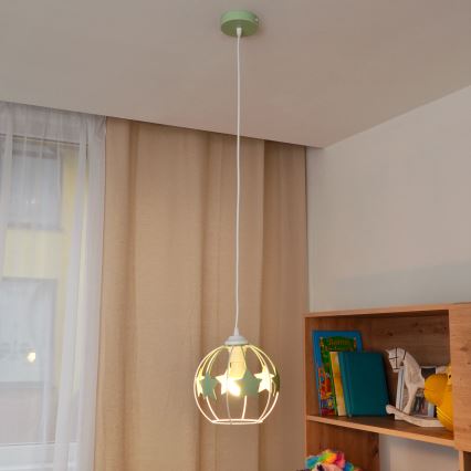 Hängande ljuskrona med textilsladd för barn STARS 1xE27/15W/230V grön/vit