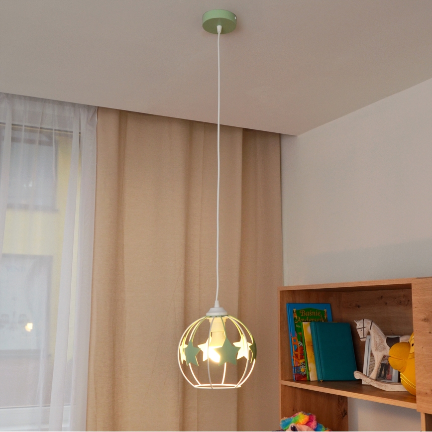 Hängande ljuskrona med textilsladd för barn STARS 1xE27/15W/230V grön/vit