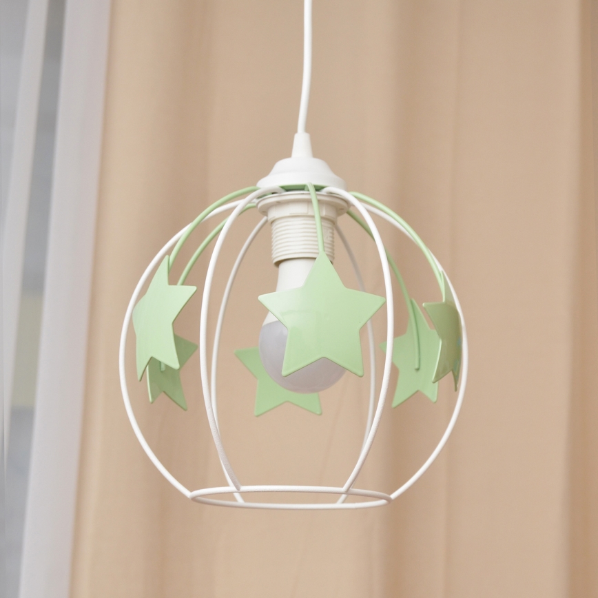 Hängande ljuskrona med textilsladd för barn STARS 1xE27/15W/230V grön/vit