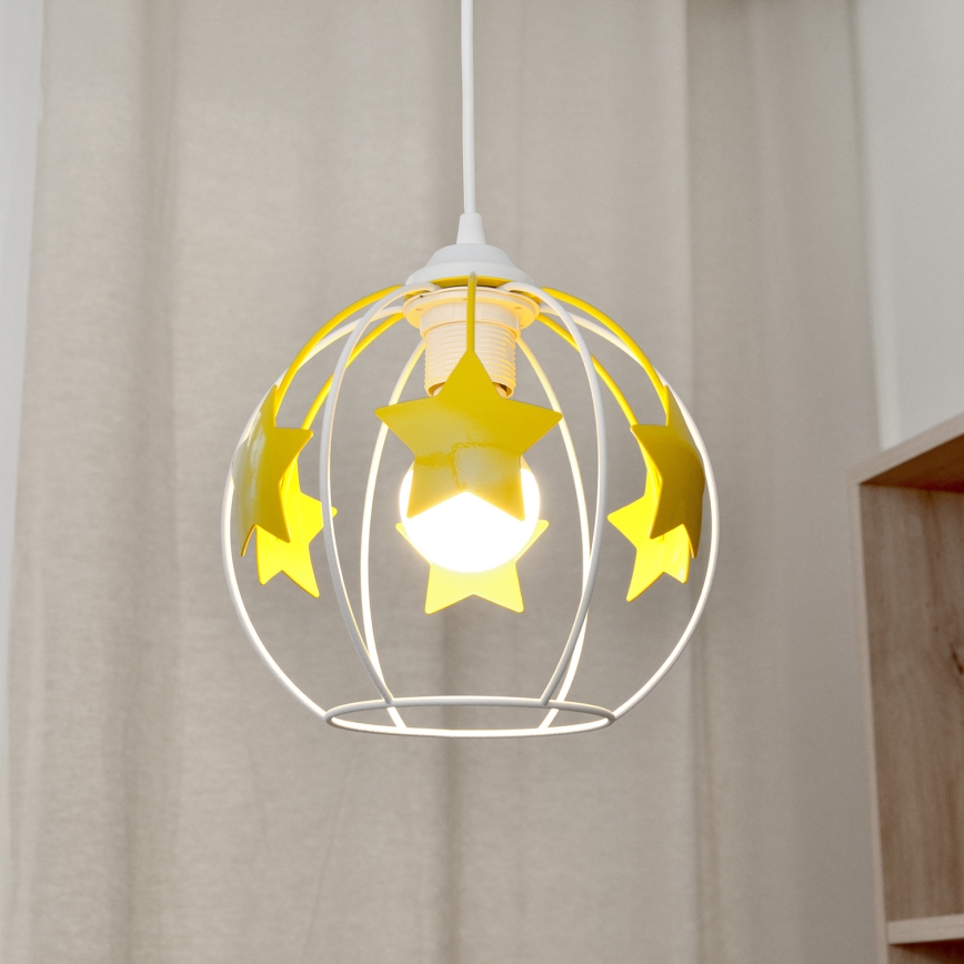 Hängande ljuskrona med textilsladd för barn STARS 1xE27/15W/230V gul/vit