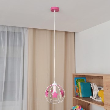 Hängande ljuskrona med textilsladd för barn STARS 1xE27/15W/230V rosa/vit