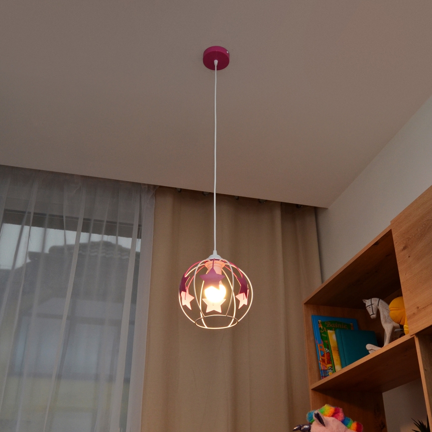 Hängande ljuskrona med textilsladd för barn STARS 1xE27/15W/230V rosa/vit