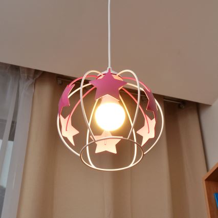 Hängande ljuskrona med textilsladd för barn STARS 1xE27/15W/230V rosa/vit
