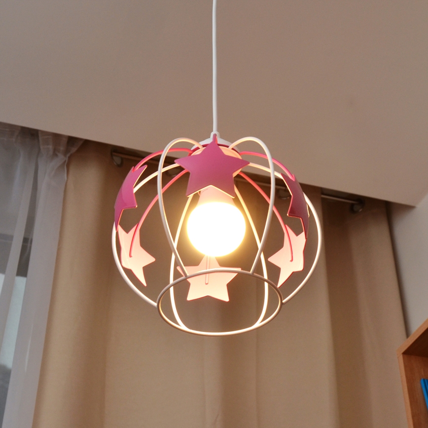 Hängande ljuskrona med textilsladd för barn STARS 1xE27/15W/230V rosa/vit