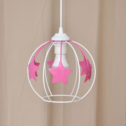 Hängande ljuskrona med textilsladd för barn STARS 1xE27/15W/230V rosa/vit