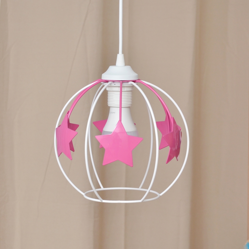 Hängande ljuskrona med textilsladd för barn STARS 1xE27/15W/230V rosa/vit