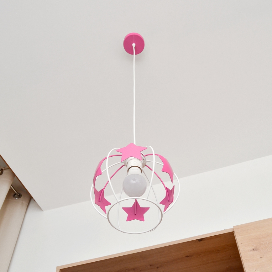 Hängande ljuskrona med textilsladd för barn STARS 1xE27/15W/230V rosa/vit