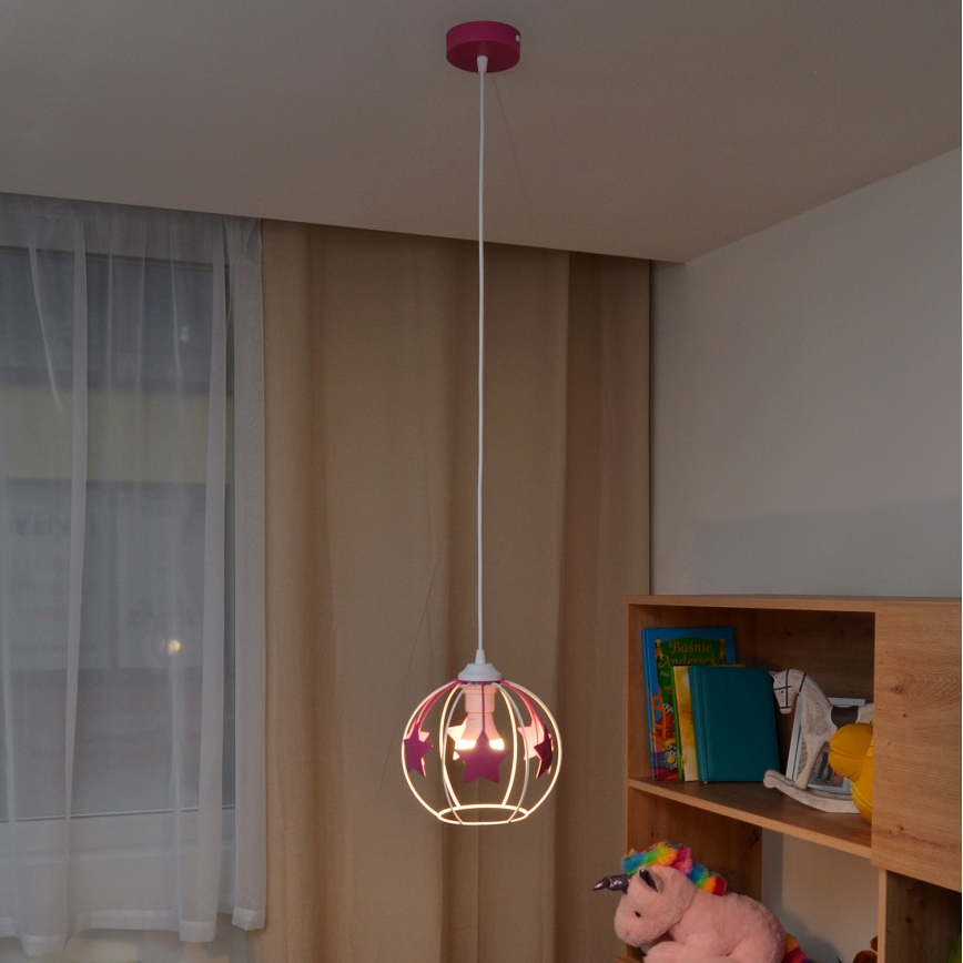 Hängande ljuskrona med textilsladd för barn STARS 1xE27/15W/230V rosa/vit