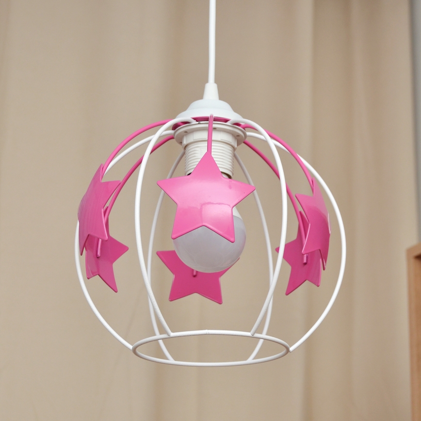 Hängande ljuskrona med textilsladd för barn STARS 1xE27/15W/230V rosa/vit