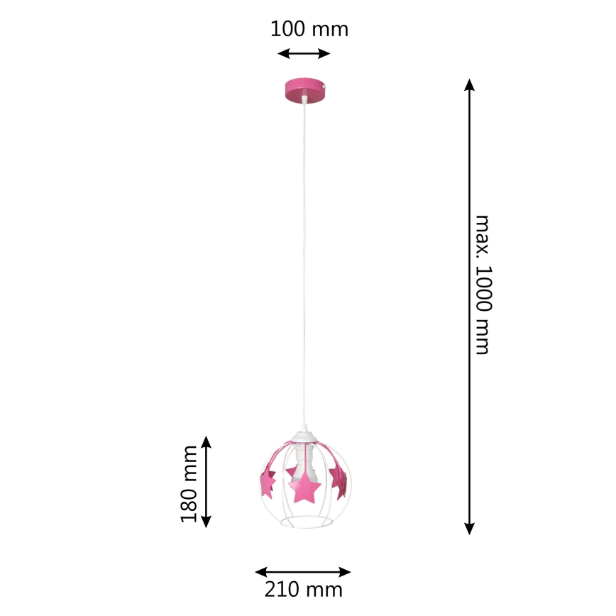Hängande ljuskrona med textilsladd för barn STARS 1xE27/15W/230V rosa/vit