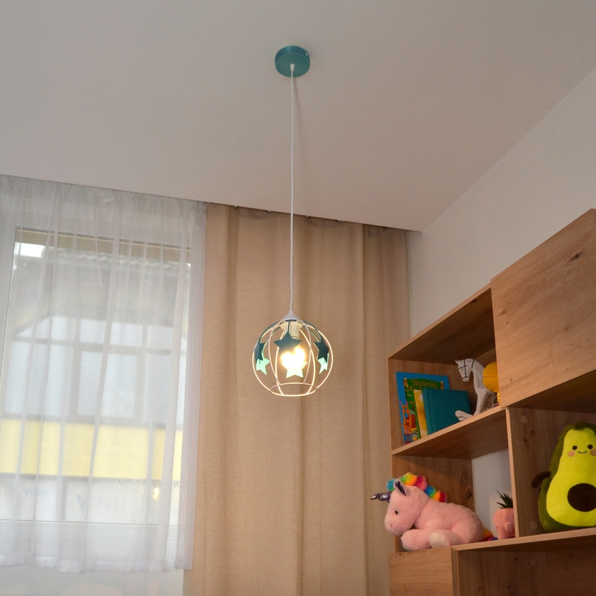 Hängande ljuskrona med textilsladd för barn STARS 1xE27/15W/230V turkos/vit