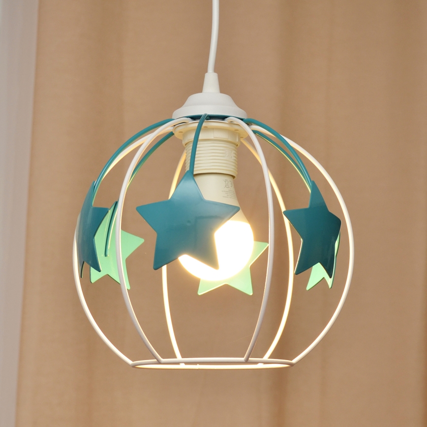 Hängande ljuskrona med textilsladd för barn STARS 1xE27/15W/230V turkos/vit