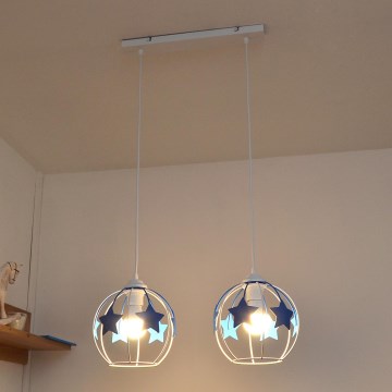 Hängande ljuskrona med textilsladd för barn STARS 2xE27/15W/230V blå/vit